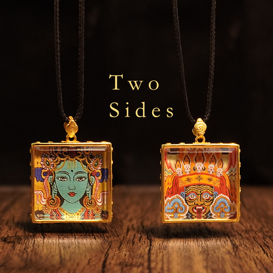 Two-Sided Thangka Pendant: Green Tara &Za Ji | Compassion Meets Protection