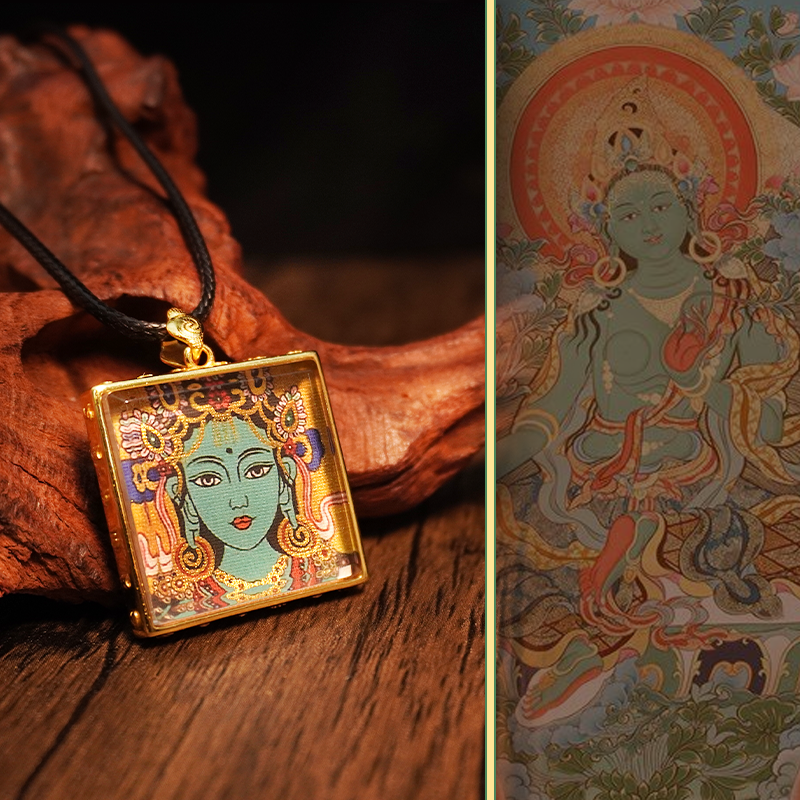Two-Sided Thangka Pendant: Green Tara &Za Ji | Compassion Meets Protection